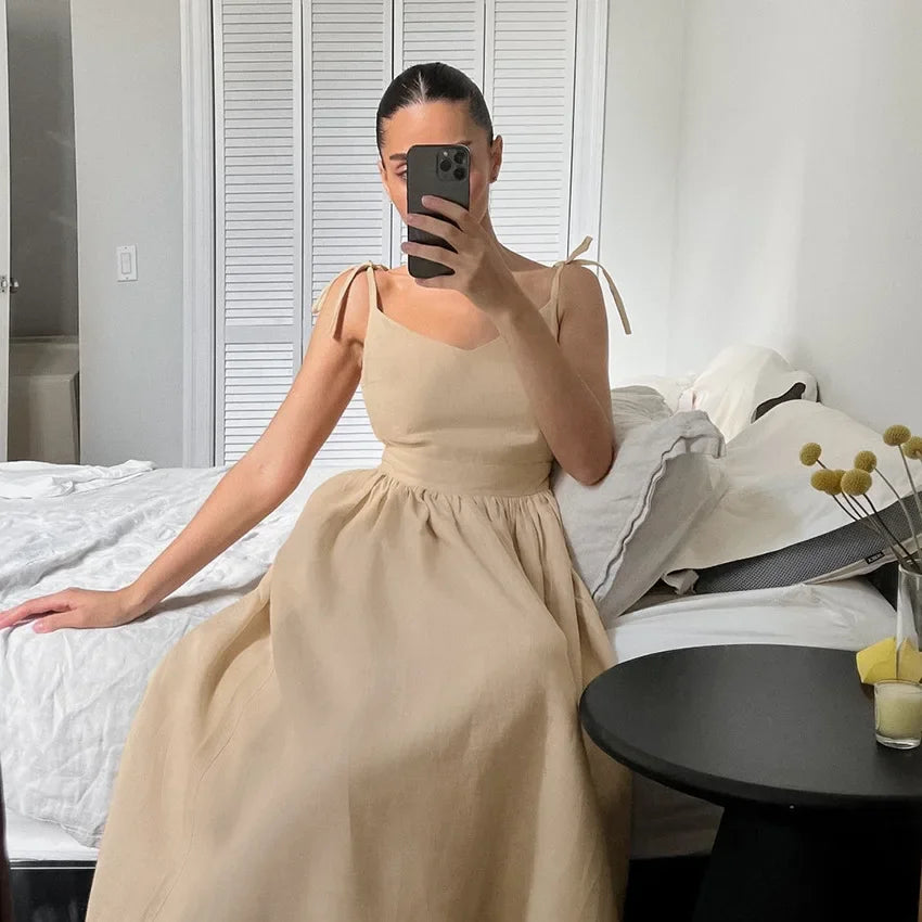 Cotton Linen Solid Color Spaghetti Strap Dresses Women Fashion Leace-up V-neck Backless Beach Vacation Long Dress Female New