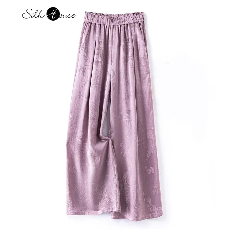 2025 Women's Fashion Spring New 100% Natural Mulberry Silk GuanLe Satin Fragrant Taro Purple High Waist Casual Wide Leg Pants