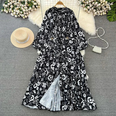 Retro Elegant Sashes O Neck Single Breasted Print Dresses Long Lantern Sleeves A-line Casual High Waist Women Autumn Clothing