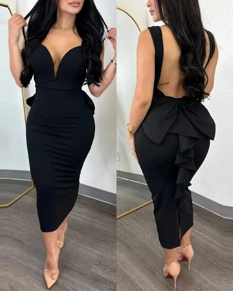 Summer 2025 Vestidos Sexy Party Dresses Women Plunging V-neck Sleeveless Backless Bowknot Ruffles Back Bodycon Midi Dress