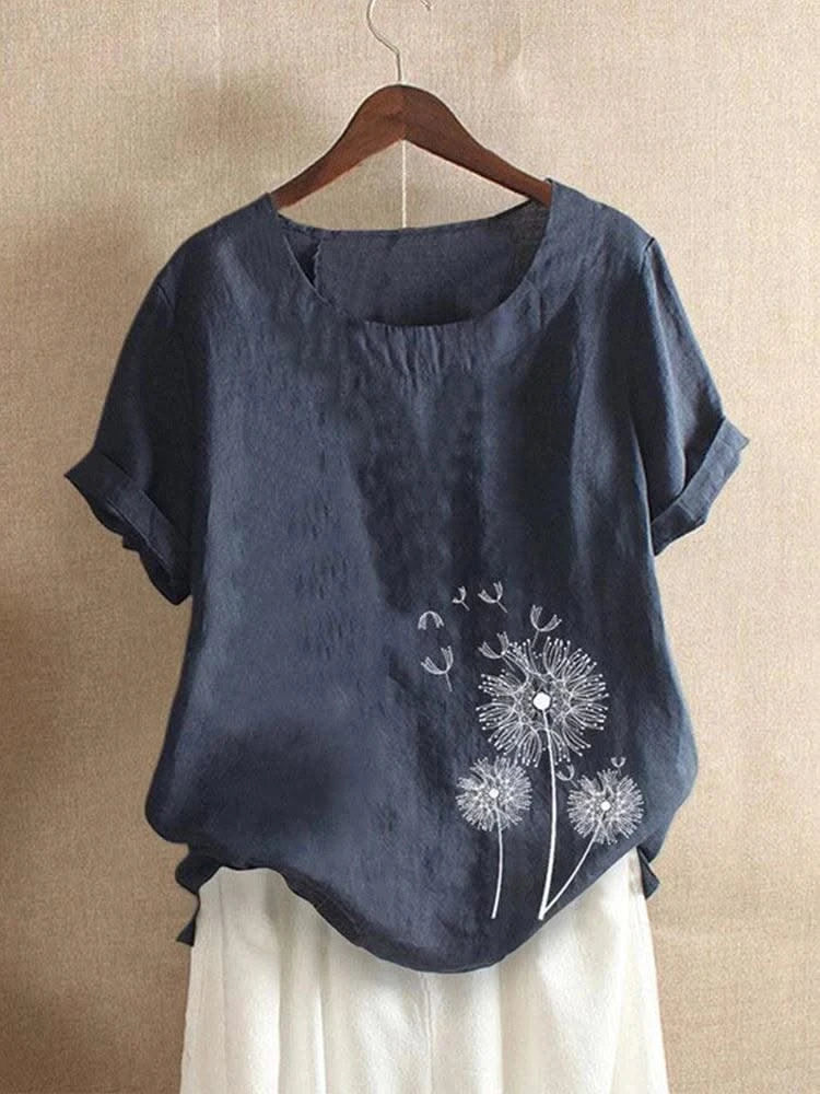 Linen Women's Tops Fashion Floral Printed Cotton Yarn Shirt Fashion Button Design Shirt Sleeve T Shirts