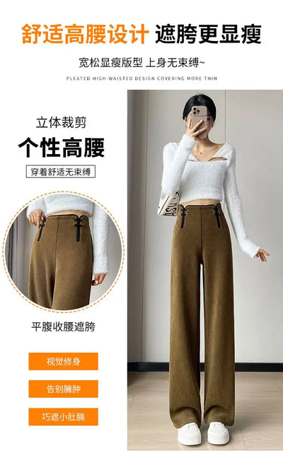 Women's Wide-leg Pants Autumn Winter Trousers New Chinese Style Folding High Waist Drooping Casual
