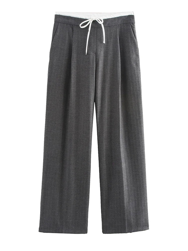 Wide Leg Pants For Women Straight Autumn Coffee Tie Up Casual Trousers Women Gray Loose Pants Ladies Black Trousers Office