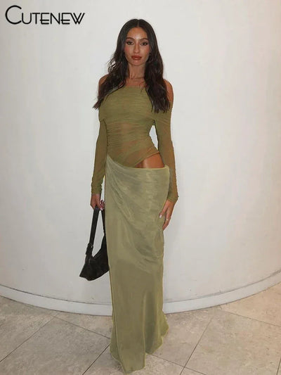Cutenew Mesh Ruched Women Maxi Dress Sexy See Through Off Shoulder Long Sleeve Sheath Vestidos Female Midnight Party Solid Robe