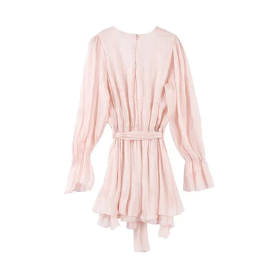 Ruffles Mini Dress Women Lace Up  V Neck Long Sleeve Pleated Female Dresses 2025 Elegant Summer Autumn Street Loose Ladies Robes