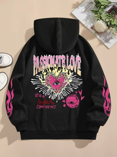 Street Women Sweatshirts Passionate Love Flame Heart Printed Hoodies Crewneck Loose Pullover Fleece Warm Female Tops Clothes