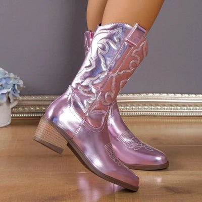 Women's Boots Fashion Pointed Toe Leather Boots Retro Embroidery Western Cowboy Boots for Women Thick Soled Mid-calf Boot Botas