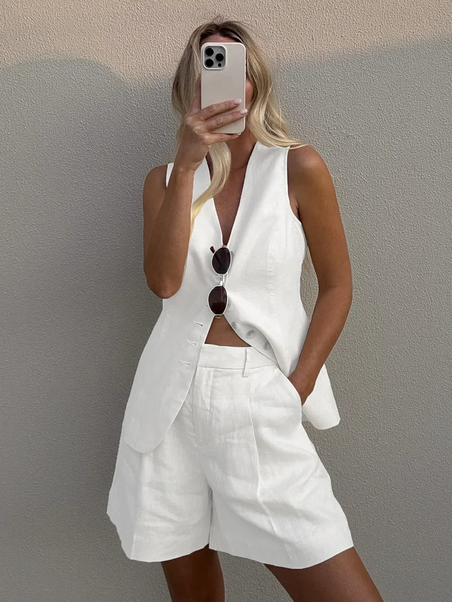 Cotton and Linen Chic Casual Vest Shorts Set Women Summer New Fashion Commuter Sleeveless Single Breasted Tank Top Shorts Suits