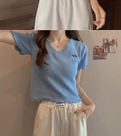 Oversized Summer Short Sleeve T-shirt Women's Foreign Style Versatile Slim Knitted Top Underlay