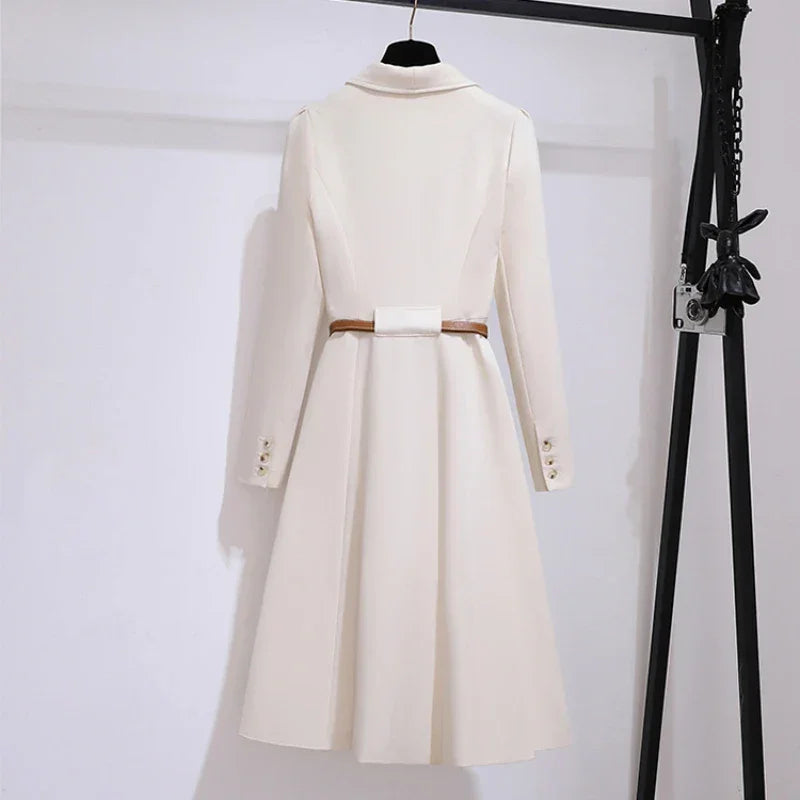 Women's Dress Double Breasted Elegant Dresses for Women 2025 Autumn Off white Dress Belt Knee-Length Solid Fashion Woman Clothes