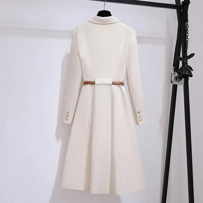Women's Dress Double Breasted Elegant Dresses for Women 2025 Autumn Off white Dress Belt Knee-Length Solid Fashion Woman Clothes