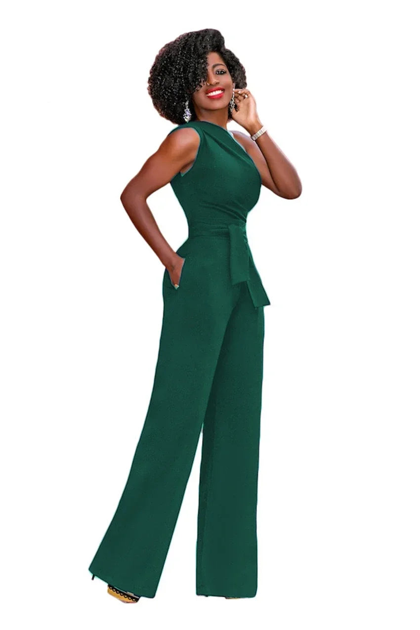 Women's Jumpsuit Solid Skew Collar Crop Top Straight Pants Belt Sexy Sleeveless Loose Pants Elegant Charming Playsuits 2024
