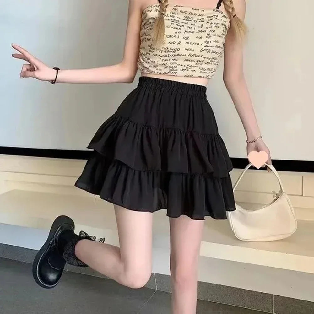 Pleated A-line Skirt White Women Ruffles Sweet Hottie Preppy Style Elastic Elastic Waist Slim Thin Simple Casual Skirts