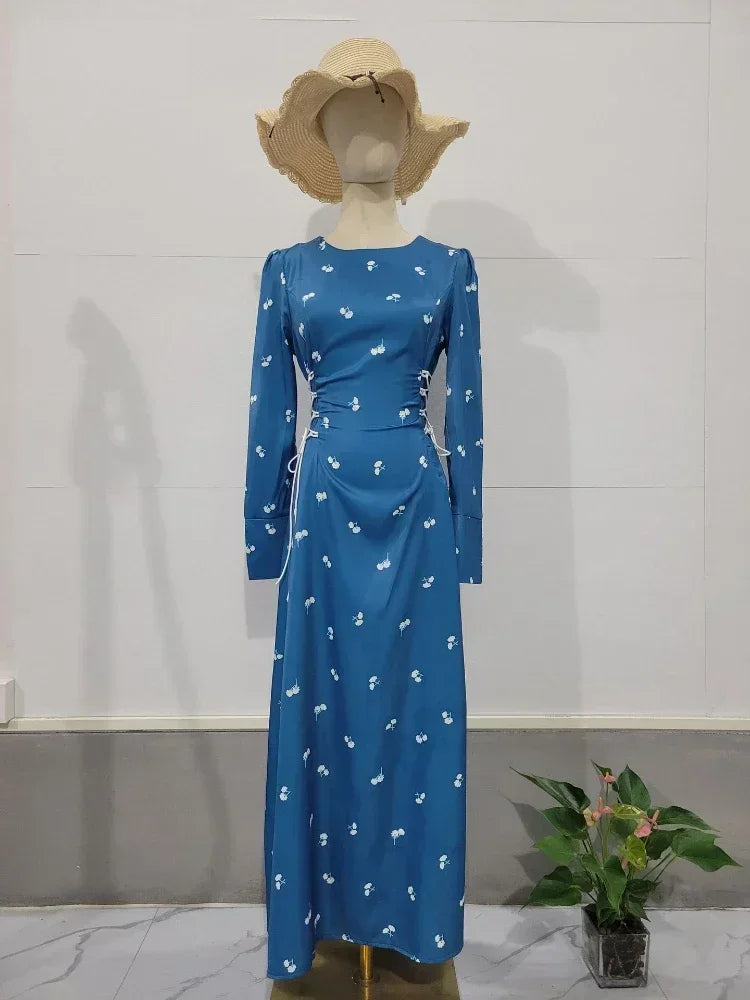 Elegant Dresses for Women 2025 Spring Summer New Long Sleeve O Neck Dress Fashionable Slim Fit Lace Up Lower Back Evening Dress