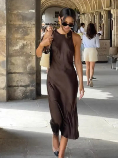 Women's Elegant Satin Sleeveless Midi Dress Fashion Solid Color O Neck Slim Fit Dresses Female Stylish Street Party Vestido 2024