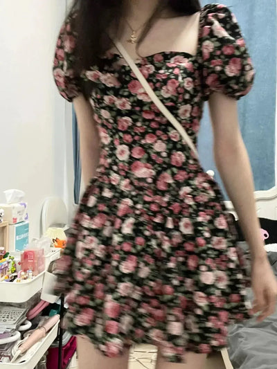 2025 New Short Mini Skirt French Style Bubble Sleeve Floral Dress Sexy Tea Break Small Stature Women Summer Dresses - Elanique