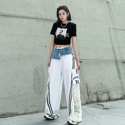 Wide Leg Pants Women Floor Length Patchwork Lace Denim Stripe Print High Waist Multiple Pockets 2025 Streetwear Cargo Trousers