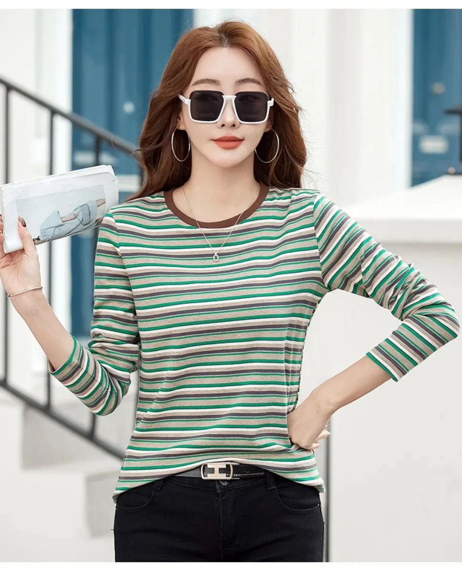 2024 New Women Clothing Crew Neck Striped Bottom Shirt Spring and Autumn Long Sleeve Tops T-Shirt Loose Interior Casual Top