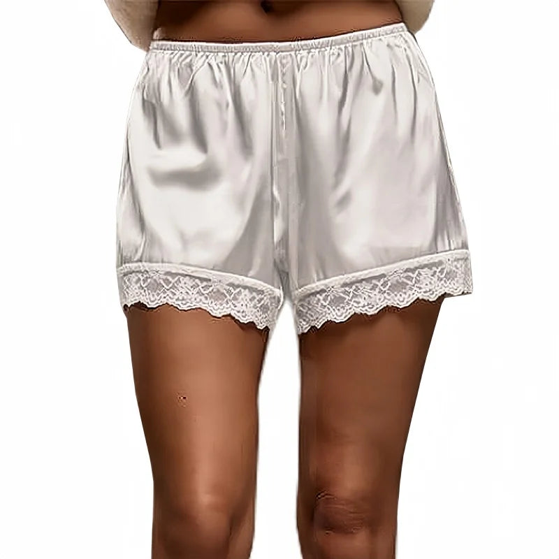Women Cozy Satin Lounge Shorts Elastic Waist Lace Patchwork Loose Pajamas Shorts Sleepwear