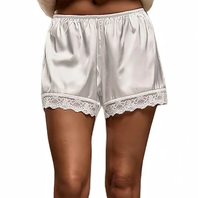 Women Cozy Satin Lounge Shorts Elastic Waist Lace Patchwork Loose Pajamas Shorts Sleepwear