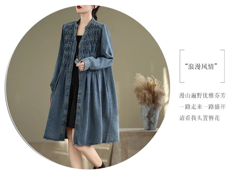 Denim Oversized Autumn Winter Long Sleeve Coat Women Ruffle Fashion Loose Pleated Ladies Jackets Retro Woman Jackets Coats