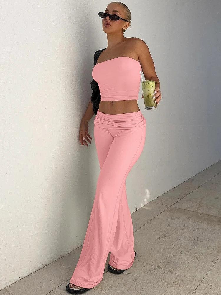 Women's Clothing 2025 Spring Fashion New Item Solid Color Strapless Top Flared Pants Fashionable Slim Fit Sports Suit for Women