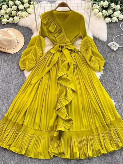 Women's V Neck Ruffles Splice Lantern Sleeve High Stretch Oversized Dresses Miyake Maxi Pleated 2025 Spring Long Party Clothing