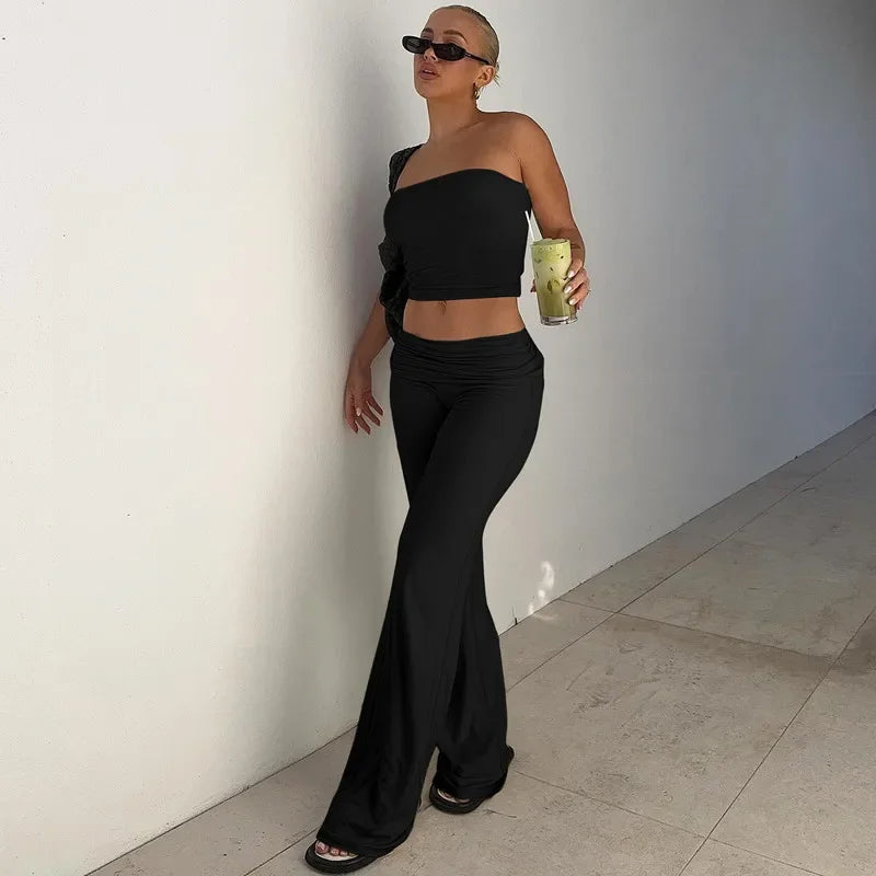 Women's Clothing 2025 Spring Fashion New Item Solid Color Strapless Top Flared Pants Fashionable Slim Fit Sports Suit for Women