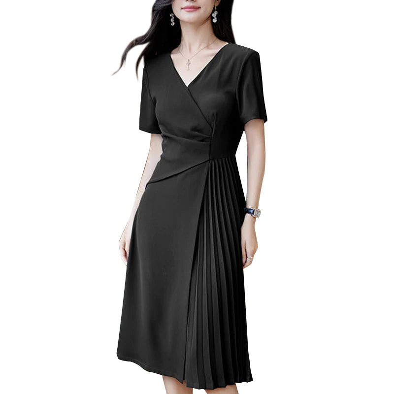 Summer Women Elegant OL Work Sundress V Nek Party Dress 2024 ZANZEA Fashion Short Sleeve Robe Femme Solid Pleated Midi Vestidos