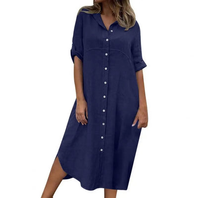 Women Dress Summer Single-breasted Half Sleeves Turn-down Collar Loose Solid Color Buttons Commute Midi Dress Female Vestidos