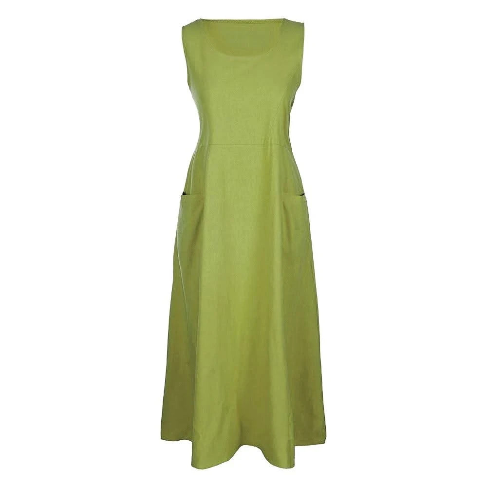 Cotton Linen Sleeveless Dress for Women Summer Pullover Skirt Vestidos Fashion Female Clothing Short Sleeved Loose Long Dress