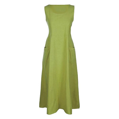 Cotton Linen Sleeveless Dress for Women Summer Pullover Skirt Vestidos Fashion Female Clothing Short Sleeved Loose Long Dress