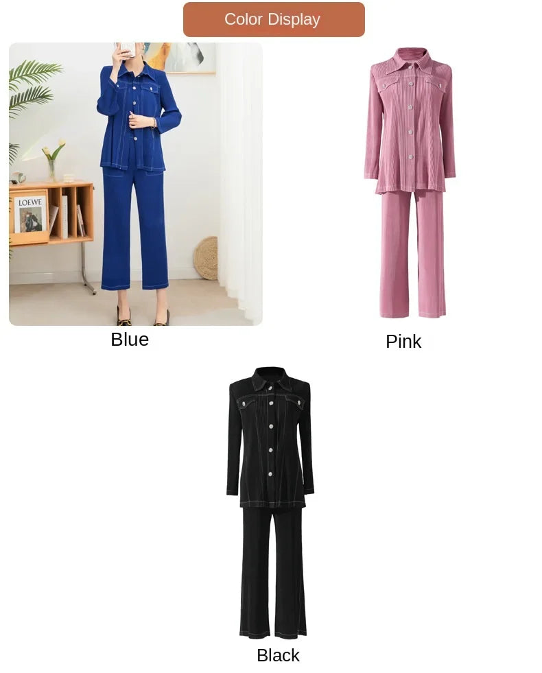 Wrinkle fashion casual suit for women high-end and casual loose fit plus size shirt collar top straight leg pants [20240514]