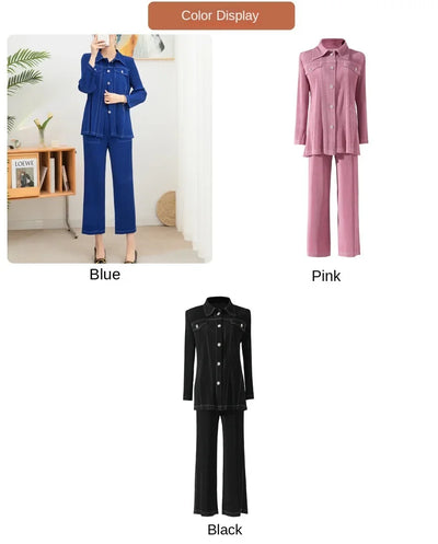 Wrinkle fashion casual suit for women high-end and casual loose fit plus size shirt collar top straight leg pants [20240514]