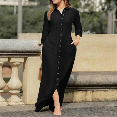 Elegant Long Dress For Women Spring Autumn Long Sleeve Solid Color Cotton And Linen Shirt Dresses Casual Button Dress Robe Femme
