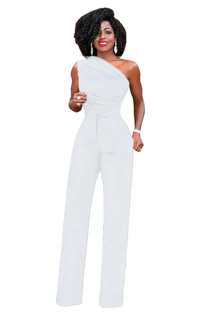 Women's Jumpsuit Solid Skew Collar Crop Top Straight Pants Belt Sexy Sleeveless Loose Pants Elegant Charming Playsuits 2024