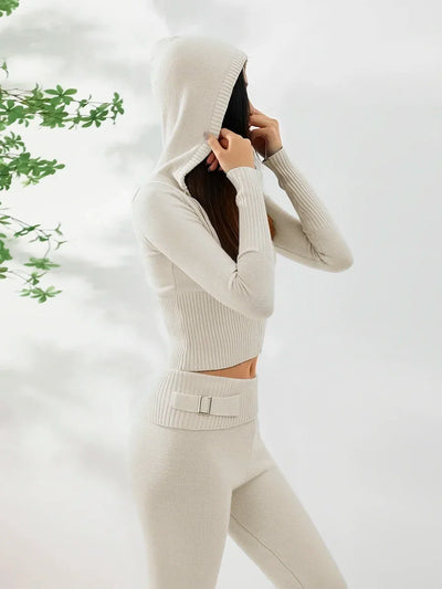 Women Tracksuit  Knit Lounge Set Long Sleeve Zip Up Hoodie with High Waist Wide Leg Pant 2 Piece Sweater Ensemble Casual Set