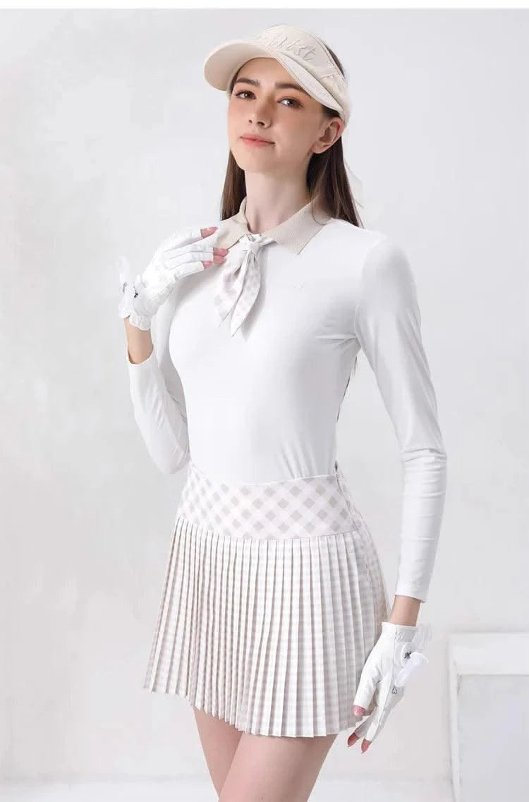 Women's Golfwear for Spring/Autumn Slim-Fit Long-Sleeve Top with Polo Collar and Bow Tie, High-End Golf Hundred-Pleat Skirt Suit