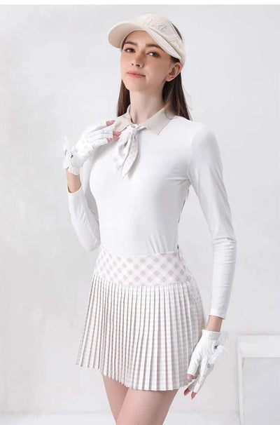 Women's Golfwear for Spring/Autumn Slim-Fit Long-Sleeve Top with Polo Collar and Bow Tie, High-End Golf Hundred-Pleat Skirt Suit