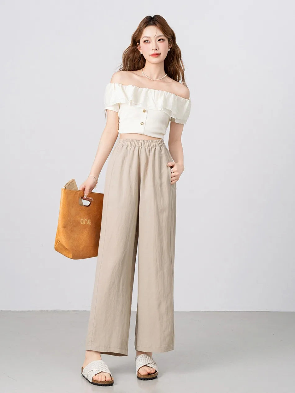 New Wide-leg Pants Women Clothing Summer Thin Loose Straight Casual Pants Solid High Waist Drape Nine-point Literary Pants