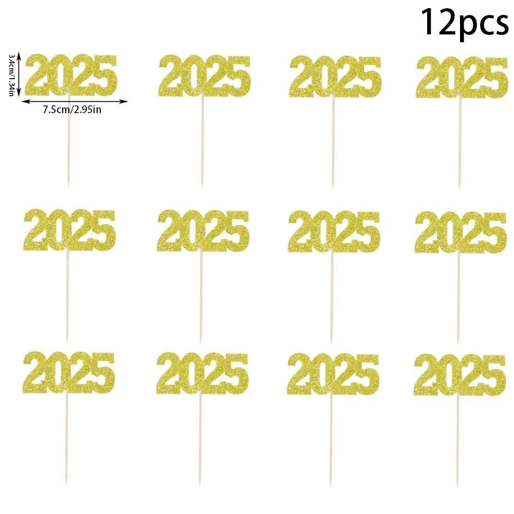 12pc Glitter 2025 Number Cupcake Toppers Happy New Year Party Cake Decoration Christmas Graduation Party Cake Toppers Home Items