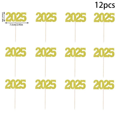 12pc Glitter 2025 Number Cupcake Toppers Happy New Year Party Cake Decoration Christmas Graduation Party Cake Toppers Home Items