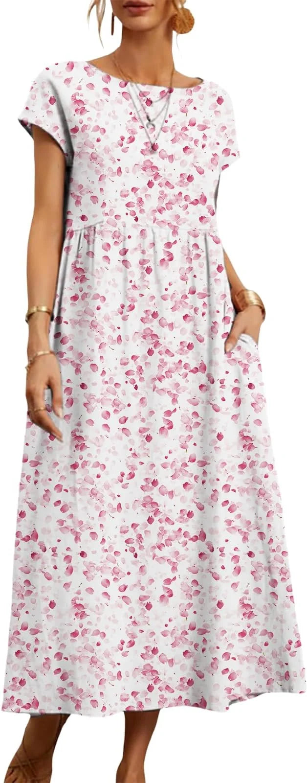 Women's Summer Dresses, Short Sleeves, Midi Casual Dresses with Pockets, Flowy T-Shirt Dresses, Floral Resort Beach Vest Dresses