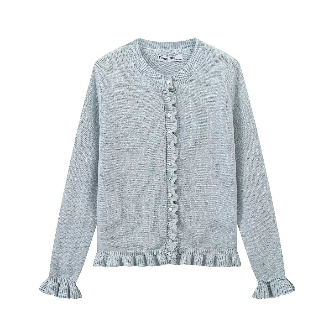 Women Ruffle Gray Knitted Cardigan Outerwears New Autumn Women Long Sleeve Sweater Elegant Button-Down Cardigan