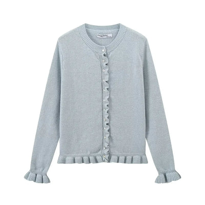 Women Ruffle Gray Knitted Cardigan Outerwears New Autumn Women Long Sleeve Sweater Elegant Button-Down Cardigan