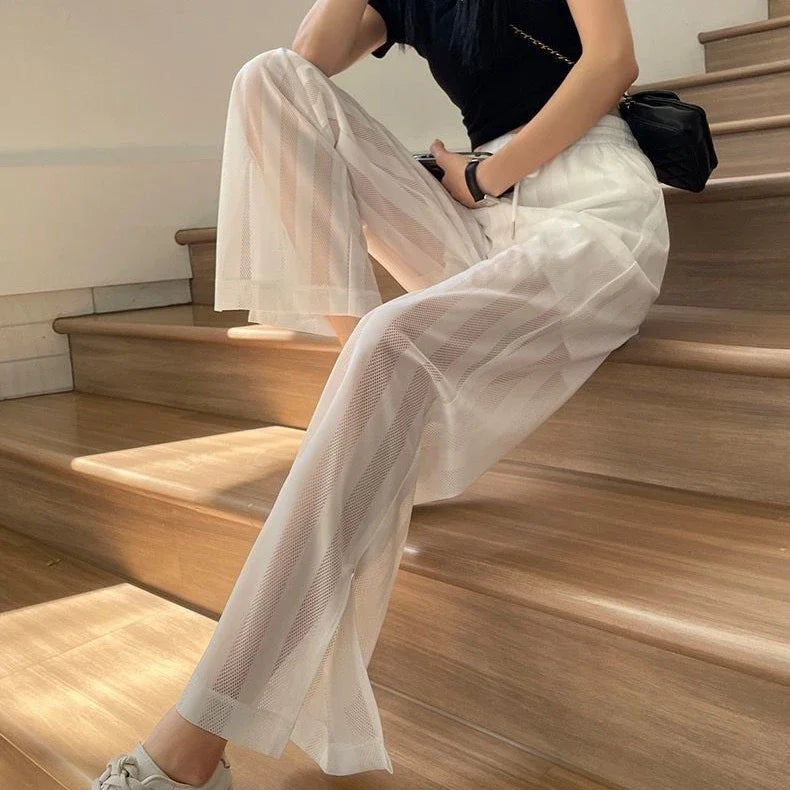 Wide Leg Elastic Waist Trousers for Woman Straight Women's Pants Black Stripe White Clothing High Quality Classic Y2k Streetwear