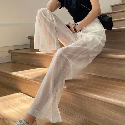 Wide Leg Elastic Waist Trousers for Woman Straight Women's Pants Black Stripe White Clothing High Quality Classic Y2k Streetwear