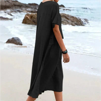 2025 Summer Fashion New Women's Elegant Long Cotton and Hemp Dress Round Neck Vacation Short Sleeve Medium Long Dress