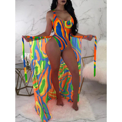 2024 New Summer Bikinis Set Sexy Backless Print Bikinis 3 Piece Set Women Smock Split Swimsuit High Waist Vacation Beach Bikinis