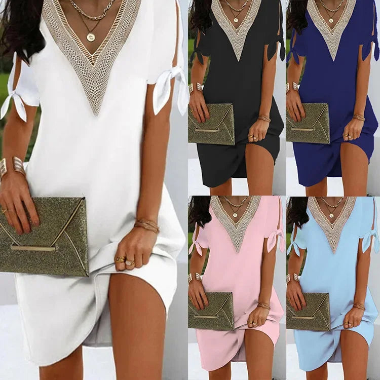 Elegant Dresses For Women V Neck Off Shoulder Patchwork Design Casual Office Lady Mini Dress White Loose Beach Holiday Dress y2k